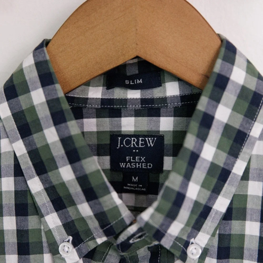 J. Crew Flex Washed Slim Fit Gingham Button Down Shirt Mens Medium Green Navy